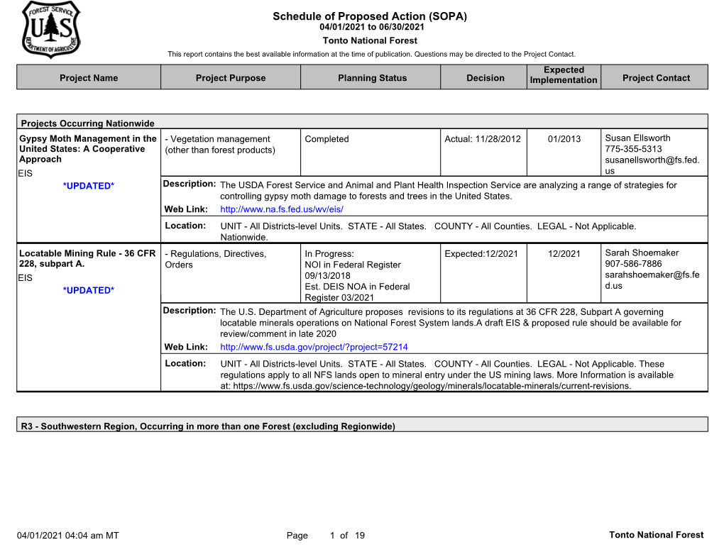 Schedule of Proposed Action (SOPA) 04/01/2021 to 06/30/2021 Tonto National Forest This Report Contains the Best Available Information at the Time of Publication