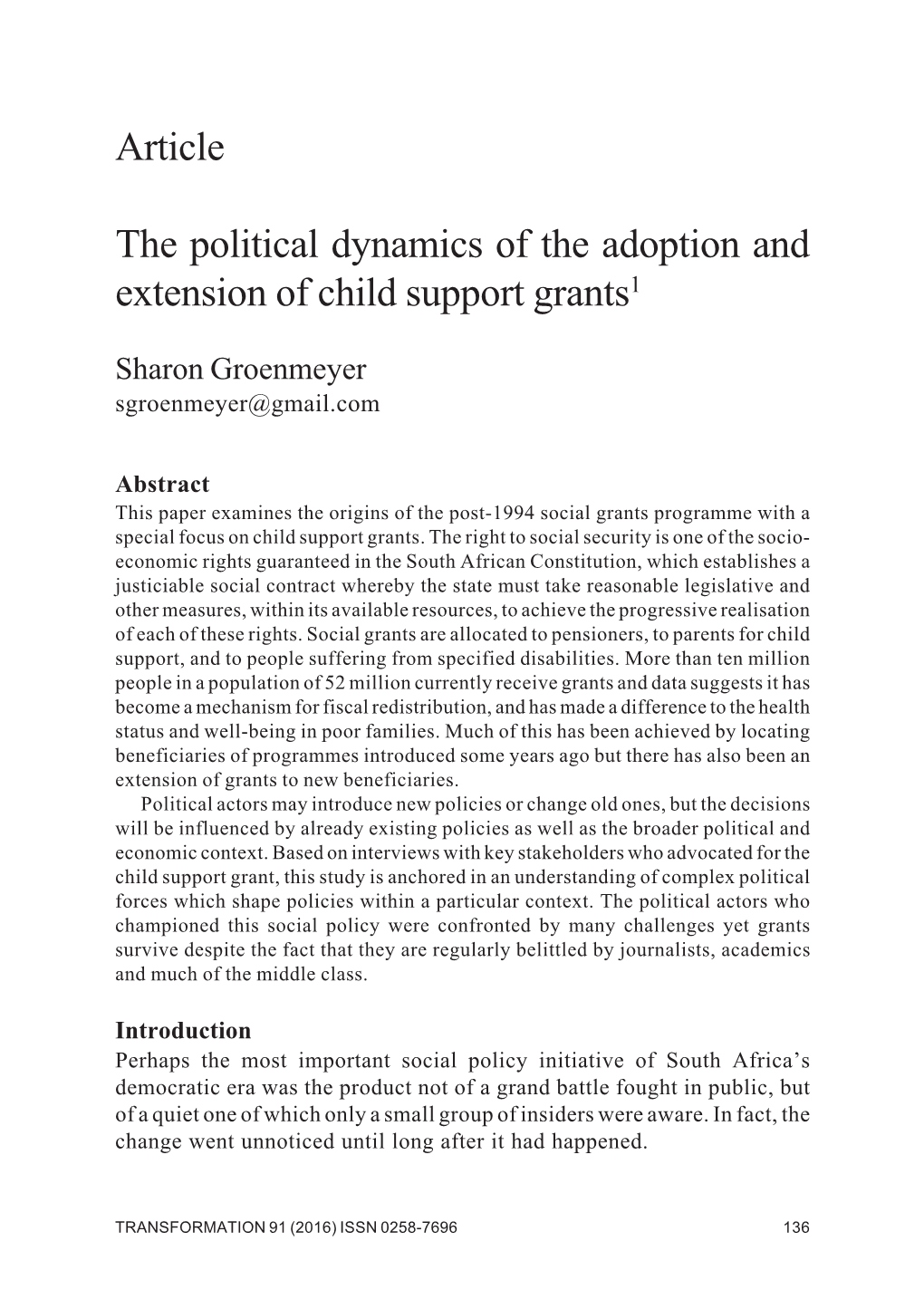 The Political Dynamics of the Adoption and Extension of Child Support Grants1