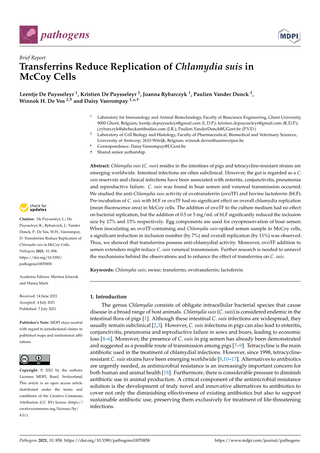 Transferrins Reduce Replication of Chlamydia Suis in Mccoy Cells