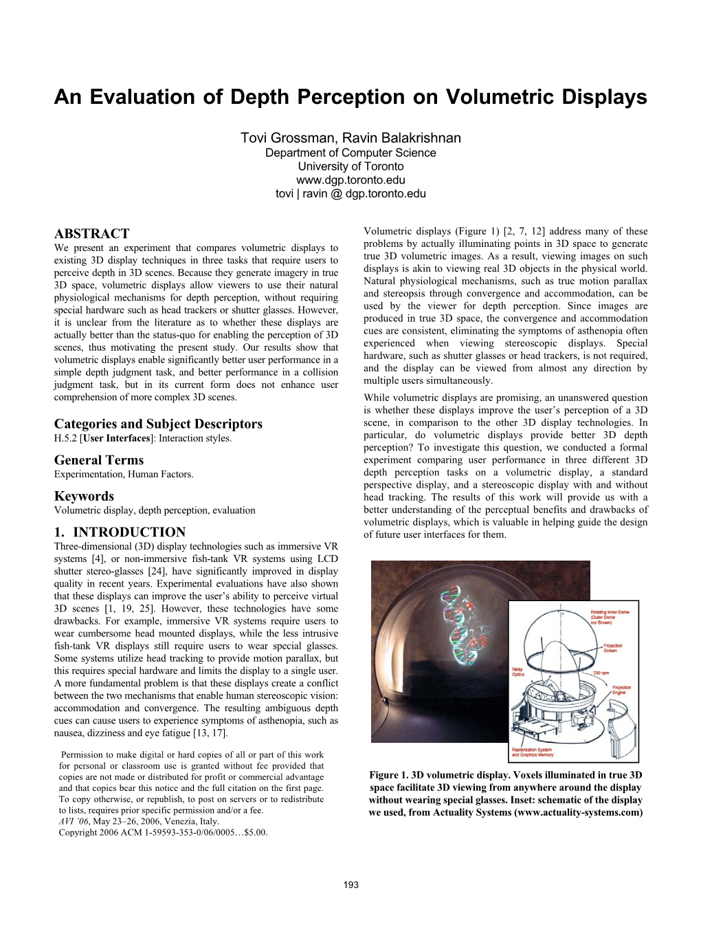 An Evaluation of Depth Perception on Volumetric Displays