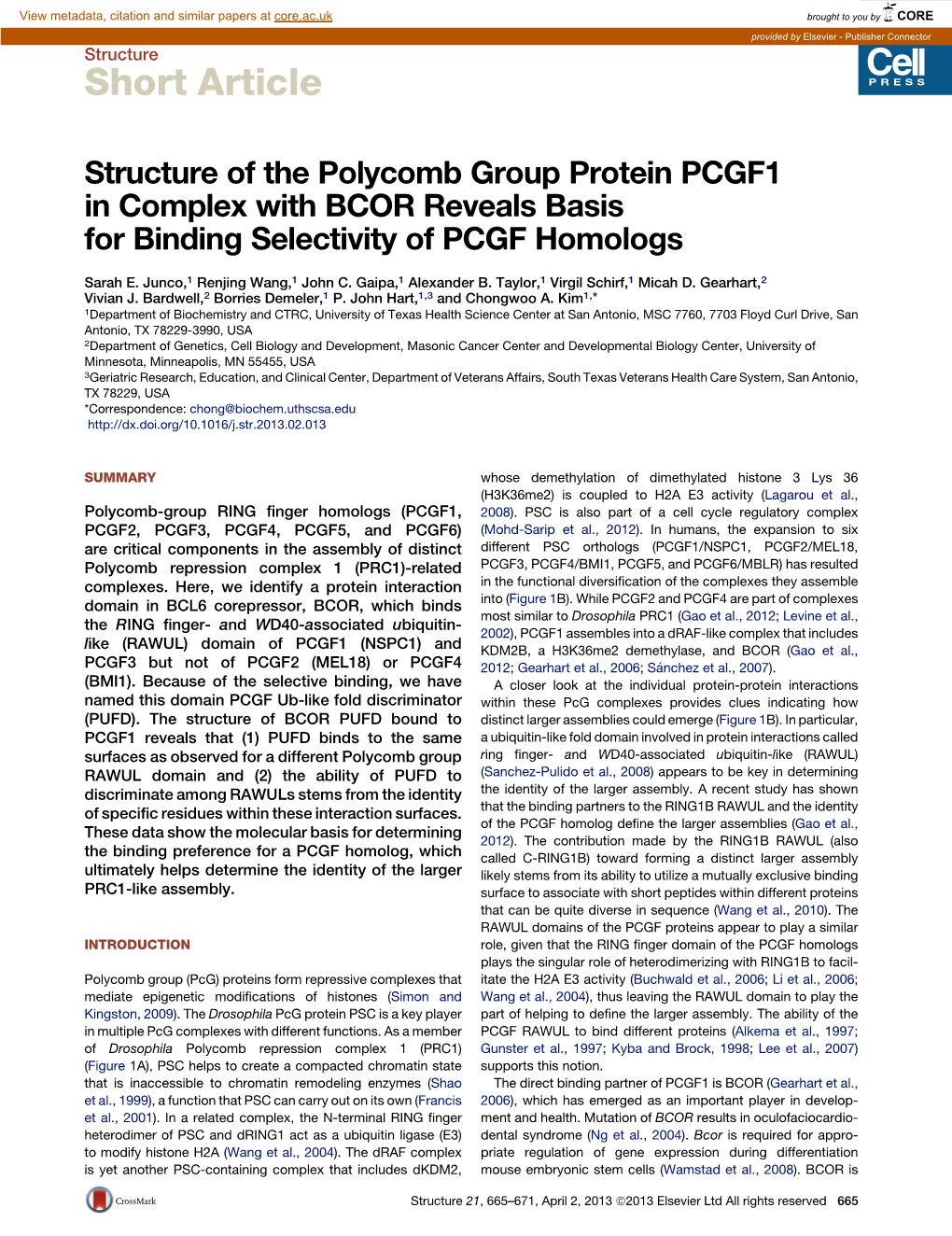 Structure of the Polycomb Group Protein PCGF1 in Complex with BCOR Reveals Basis for Binding Selectivity of PCGF Homologs