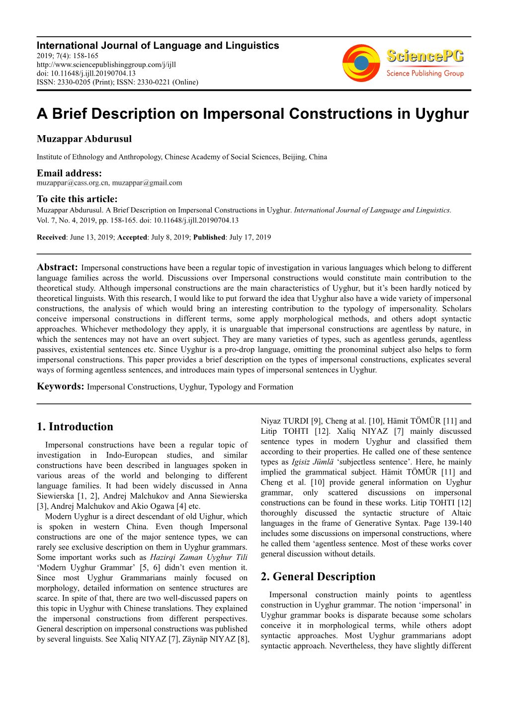 A Brief Description on Impersonal Constructions in Uyghur