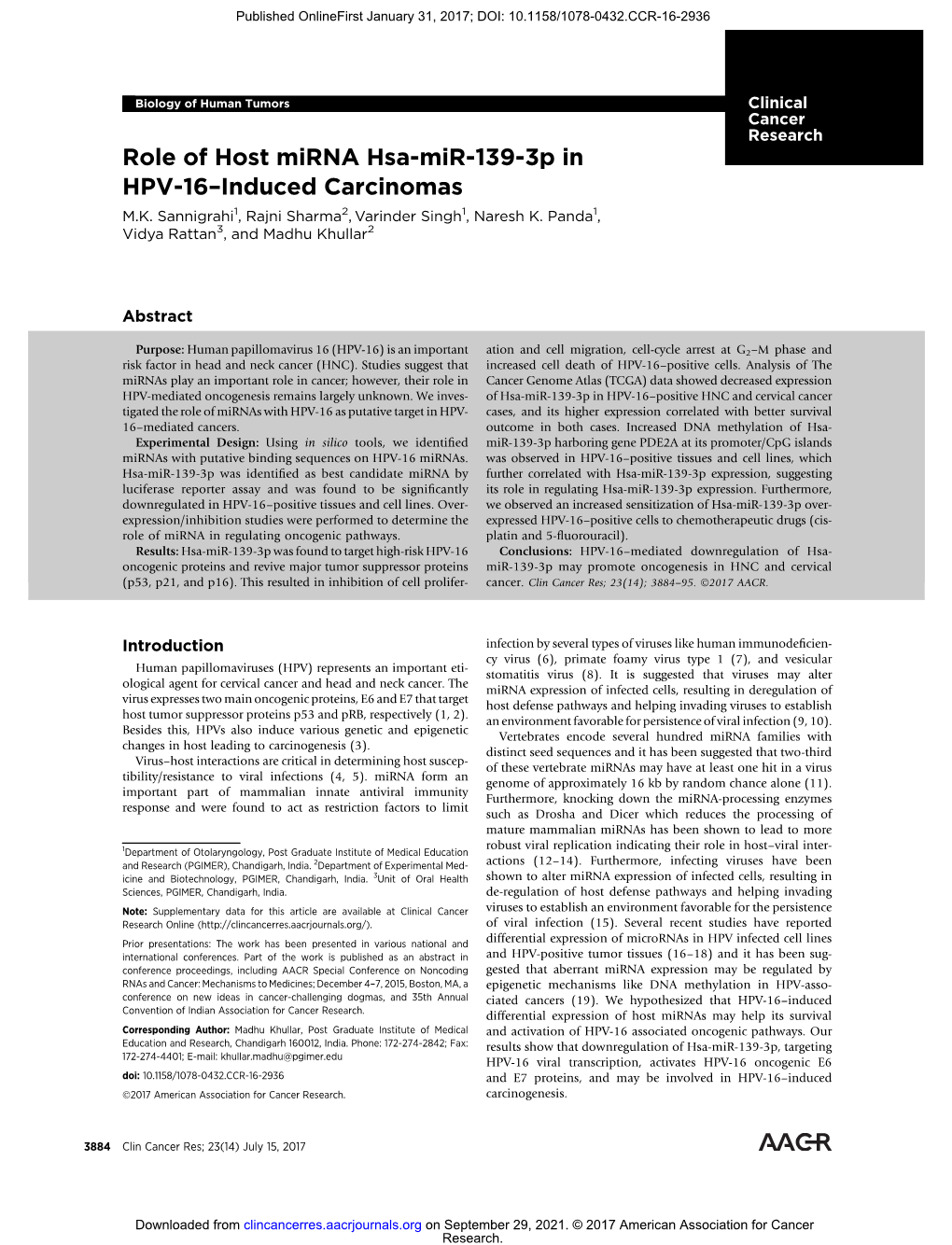 Role of Host Mirna Hsa-Mir-139-3P in HPV-16–Induced Carcinomas M.K