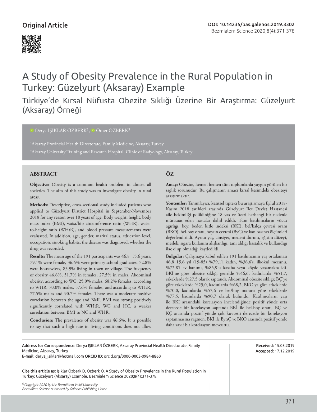 A Study of Obesity Prevalence in the Rural Population in Turkey