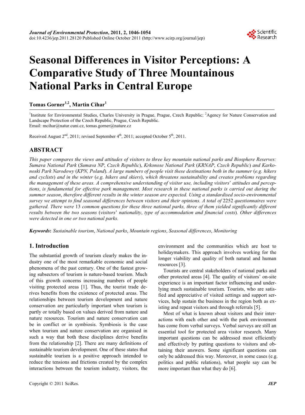 Seasonal Differences in Visitor Perceptions: a Comparative Study of Three Mountainous National Parks in Central Europe