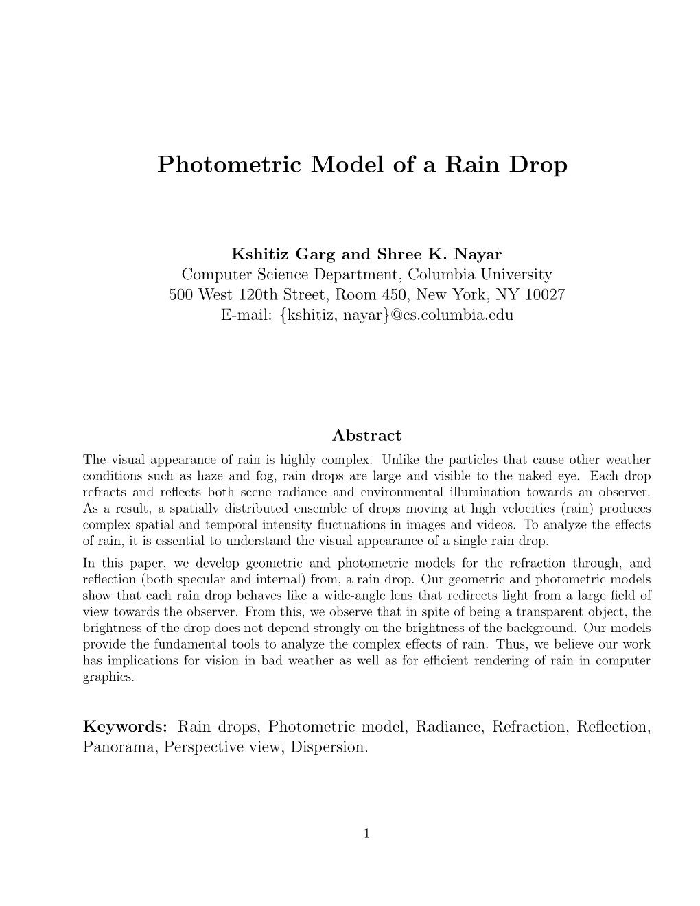 Photometric Model of a Rain Drop