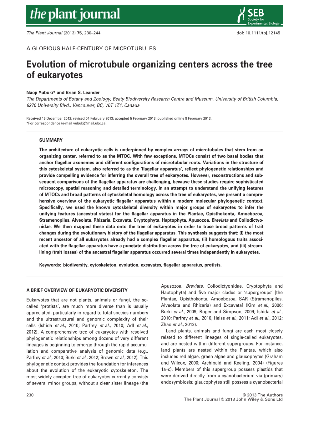 Evolution of Microtubule Organizing Centers Across the Tree of Eukaryotes