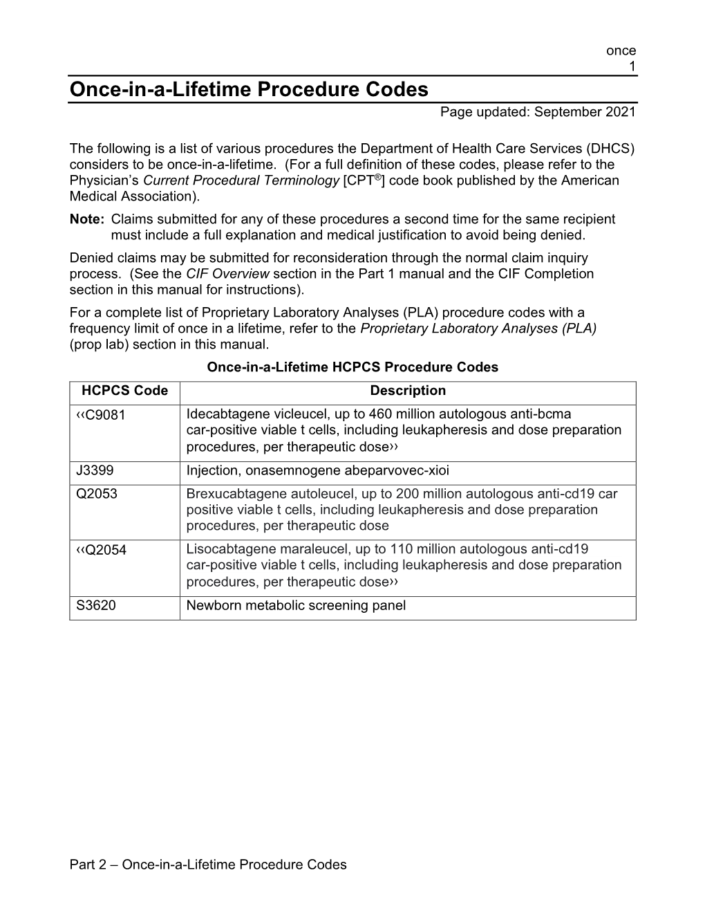 Once-In-A-Lifetime Procedure Codes Page Updated: September 2021