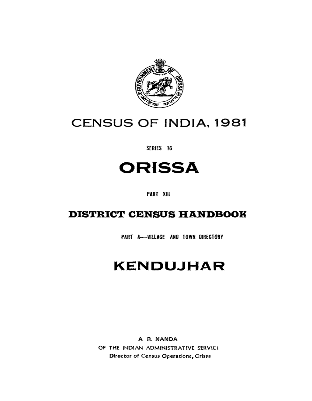 Village and Town Directory, Kendujhar, Part-A, Series-16, Orissa