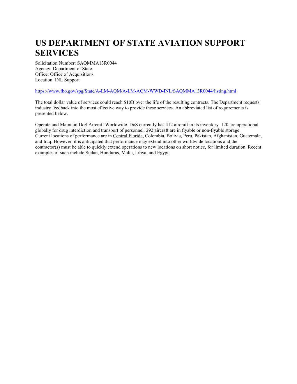 Us Department of State Aviation Support Services