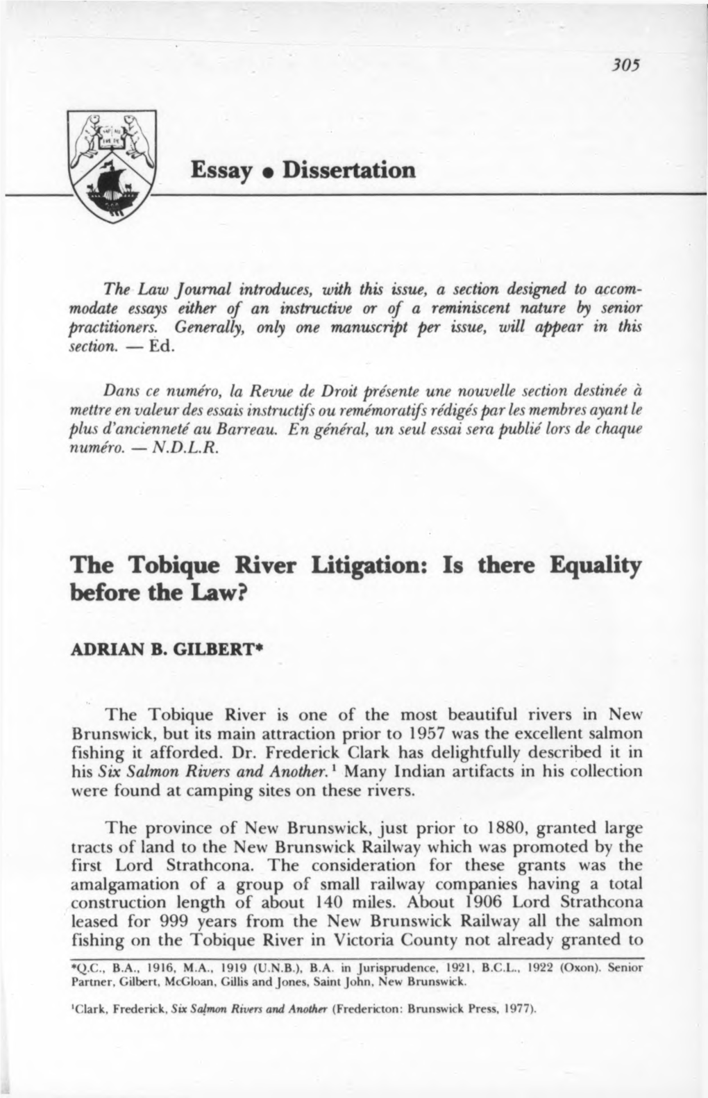 Essay • Dissertation the Tobique River Litigation: Is There Equality