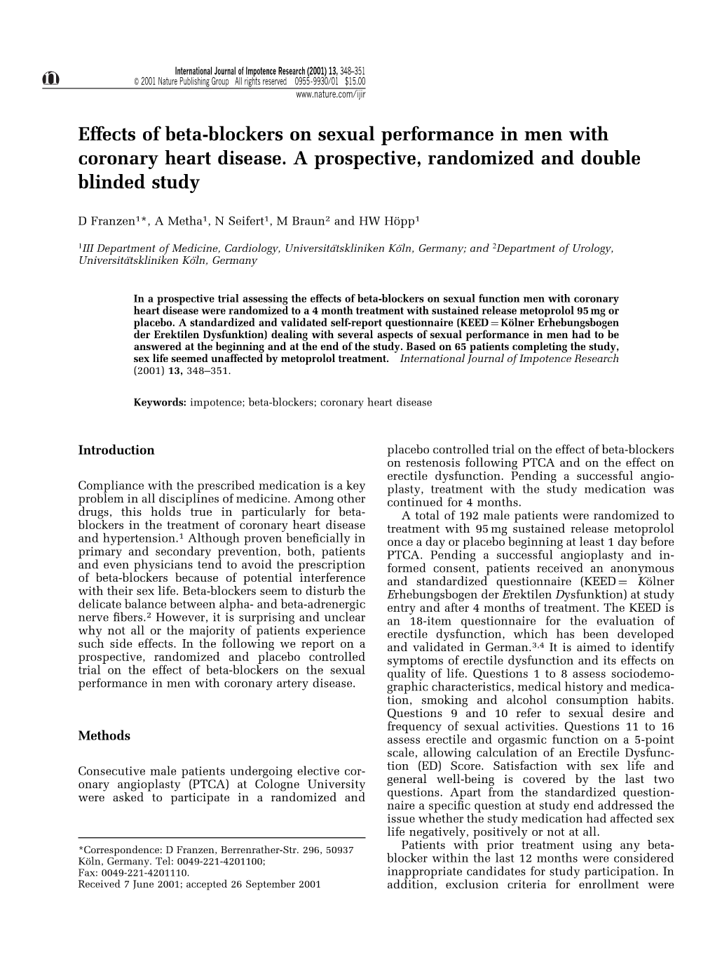 Effects of Beta-Blockers on Sexual Performance in Men with Coronary Heart Disease