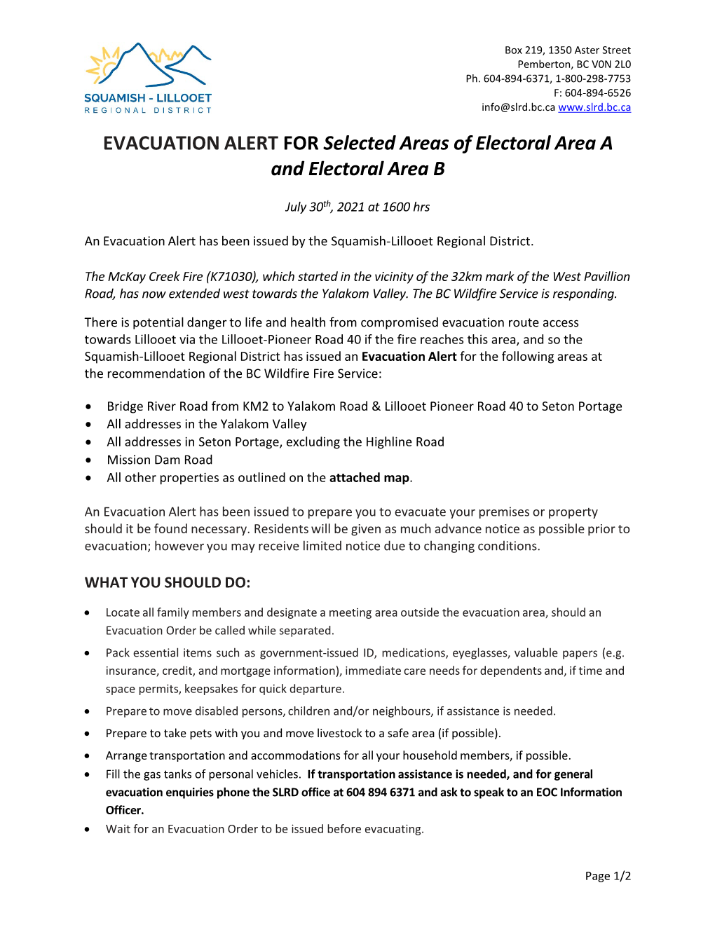 EVACUATION ALERT for Selected Areas of Electoral Area a and Electoral Area B