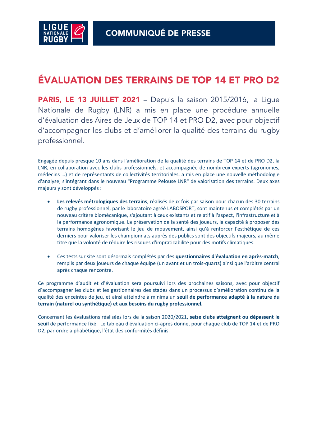 Évaluation Des Terrains De Top 14 Et Pro D2