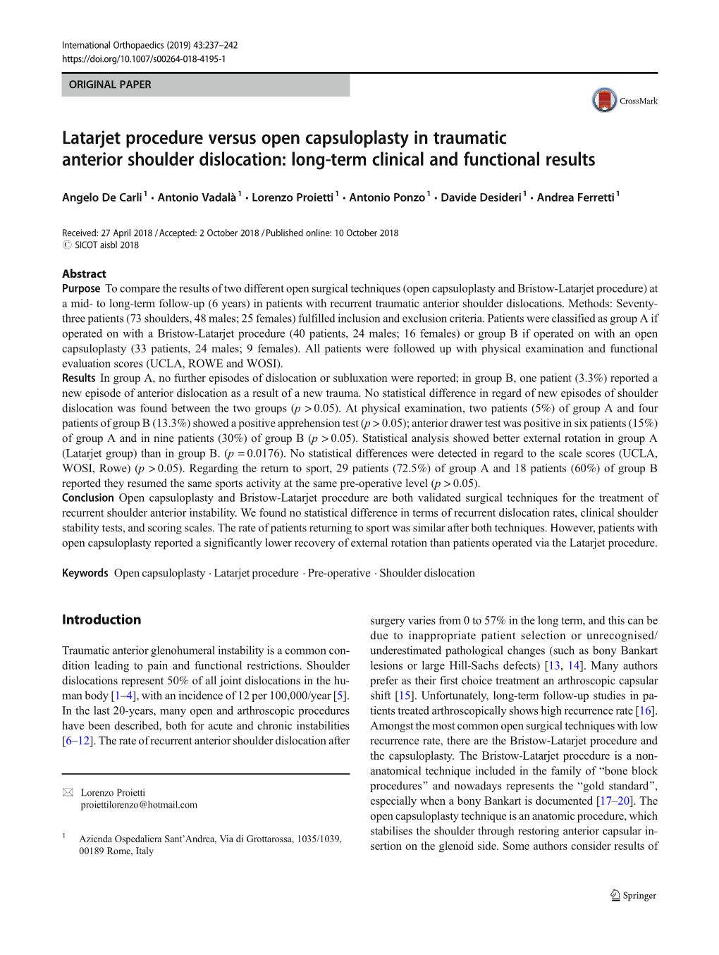 Latarjet Procedure Versus Open Capsuloplasty in Traumatic Anterior Shoulder Dislocation: Long-Term Clinical and Functional Results