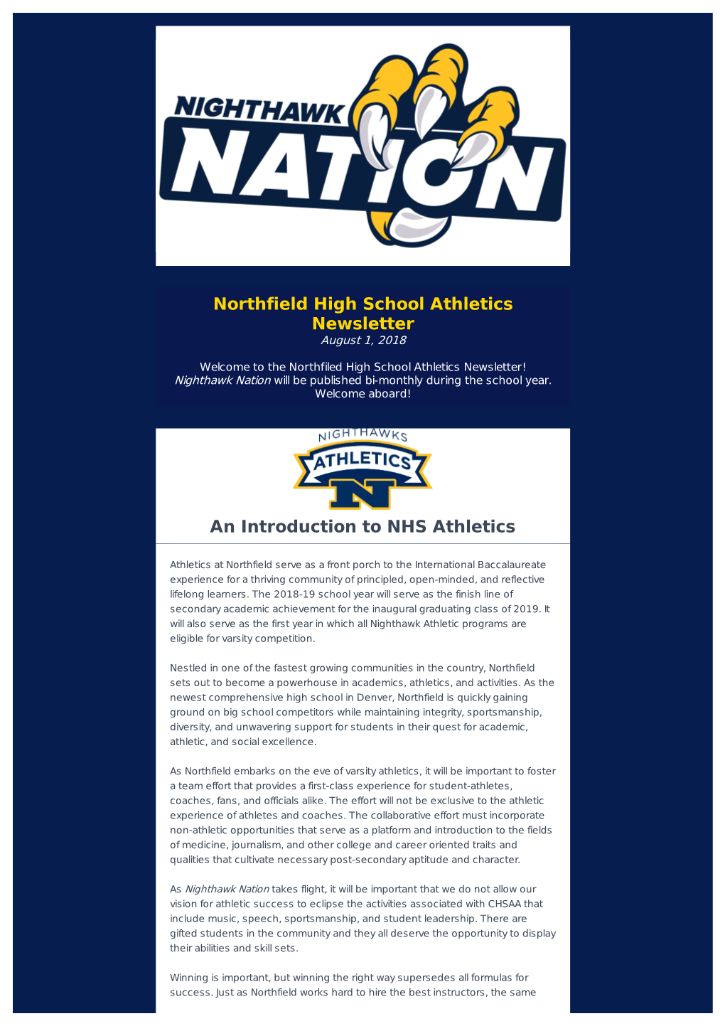 Northfield High School Athletics Newsletter August 1, 2018