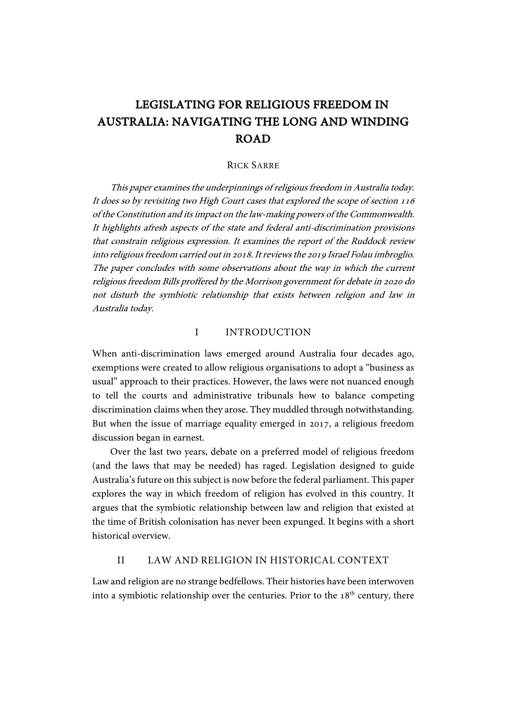 Legislating for Religious Freedom in Australia: Navigating the Long and Winding Road