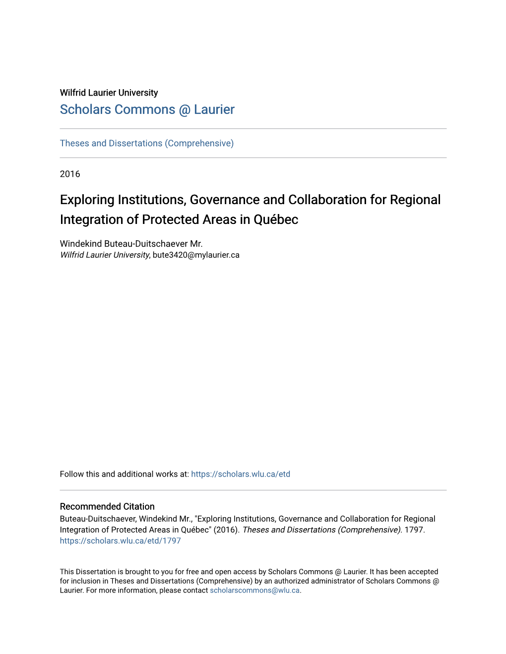 Exploring Institutions, Governance and Collaboration for Regional Integration of Protected Areas in Québec