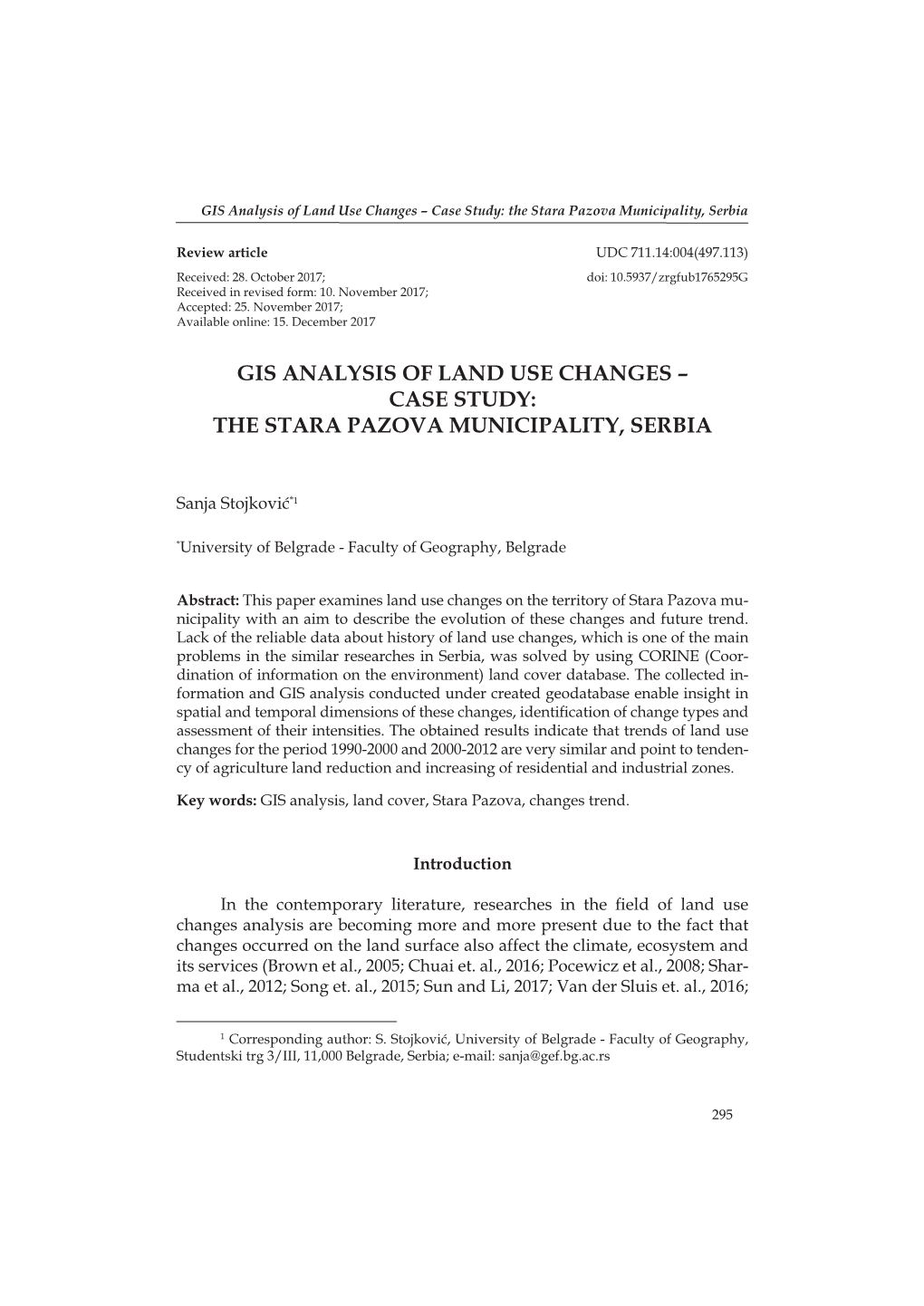 GIS Analysis of Land Use Changes – Case Study: the Stara Pazova Municipality, Serbia