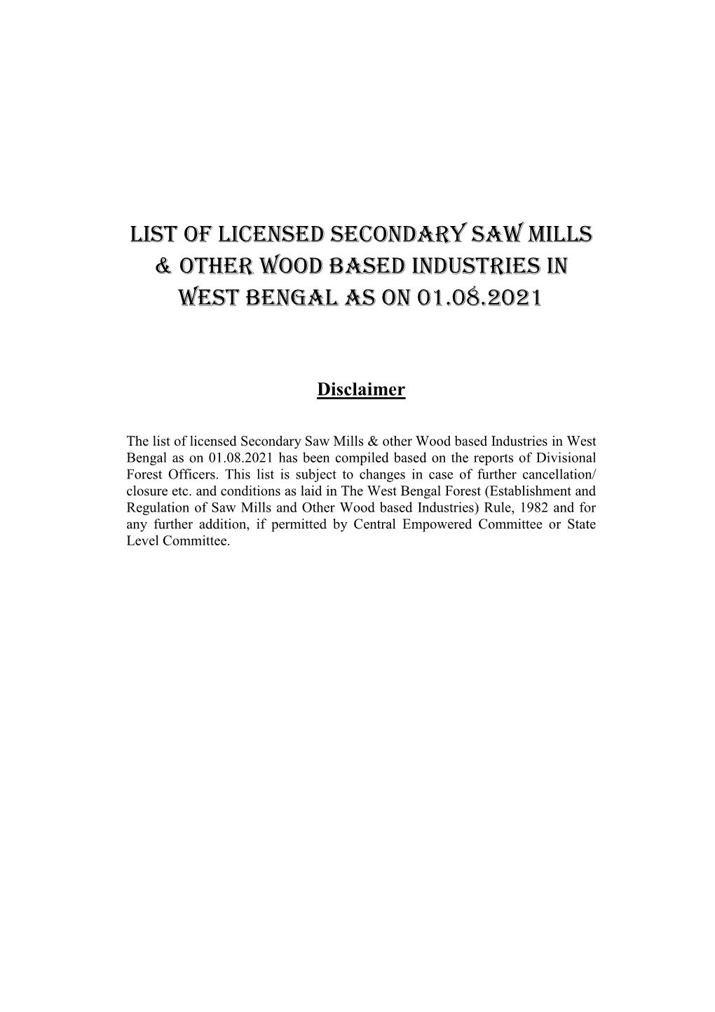 List of Licensed Secondary Saw Mills & Other Wood Based Industries In