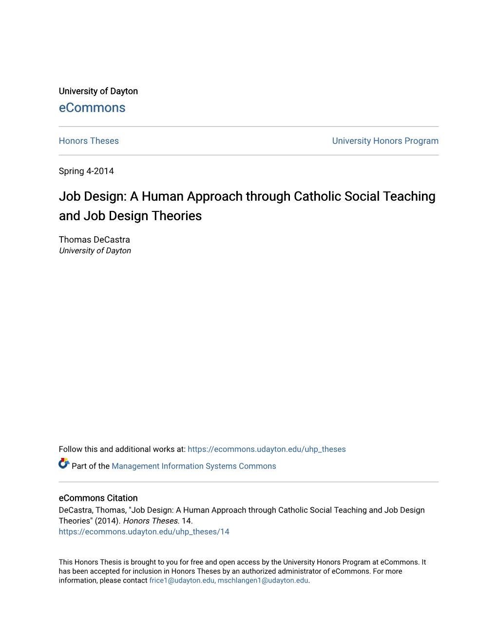 A Human Approach Through Catholic Social Teaching and Job Design Theories