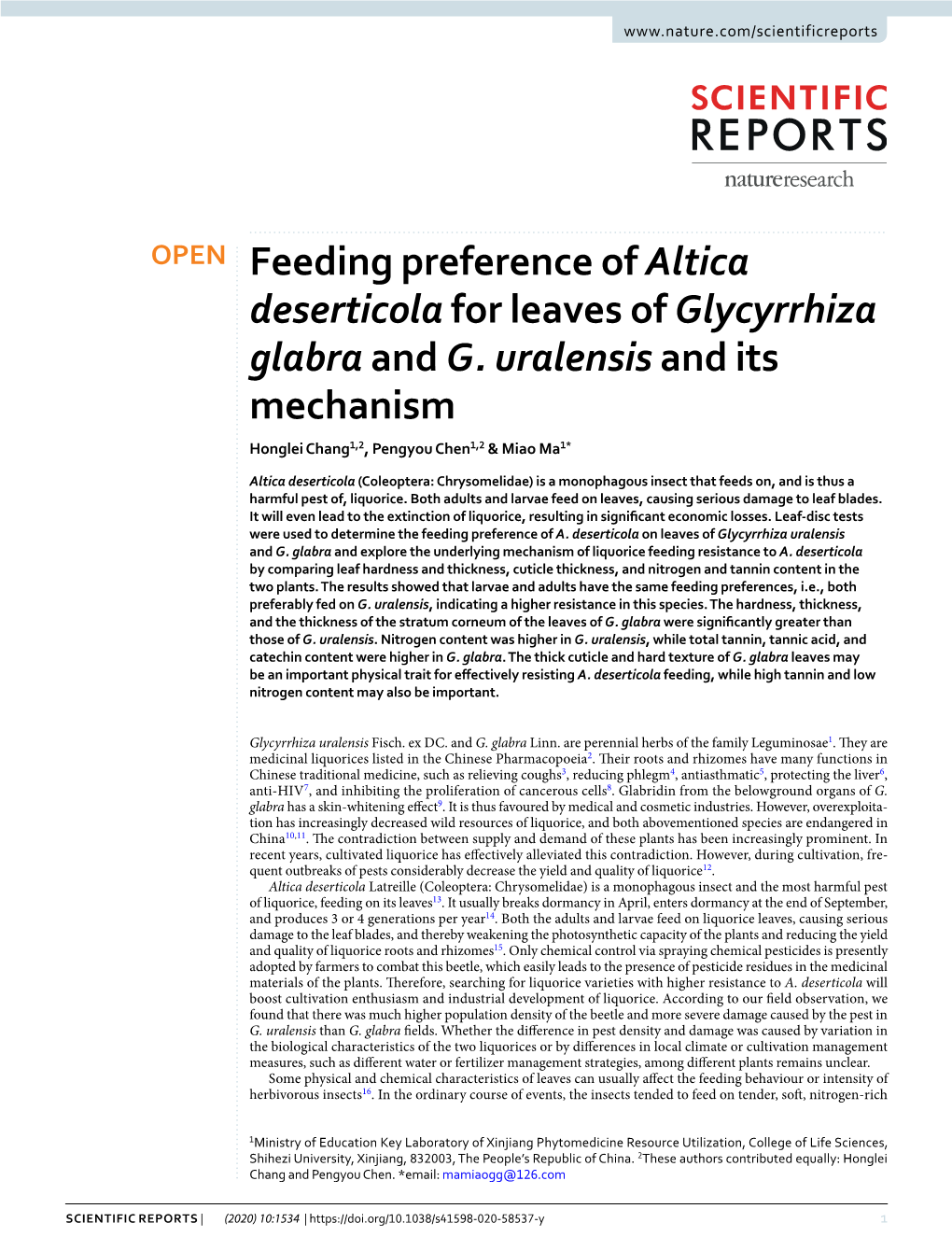 Feeding Preference of Altica Deserticola for Leaves of Glycyrrhiza Glabra and G