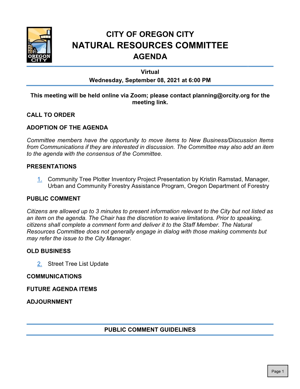 Natural Resources Committee Agenda