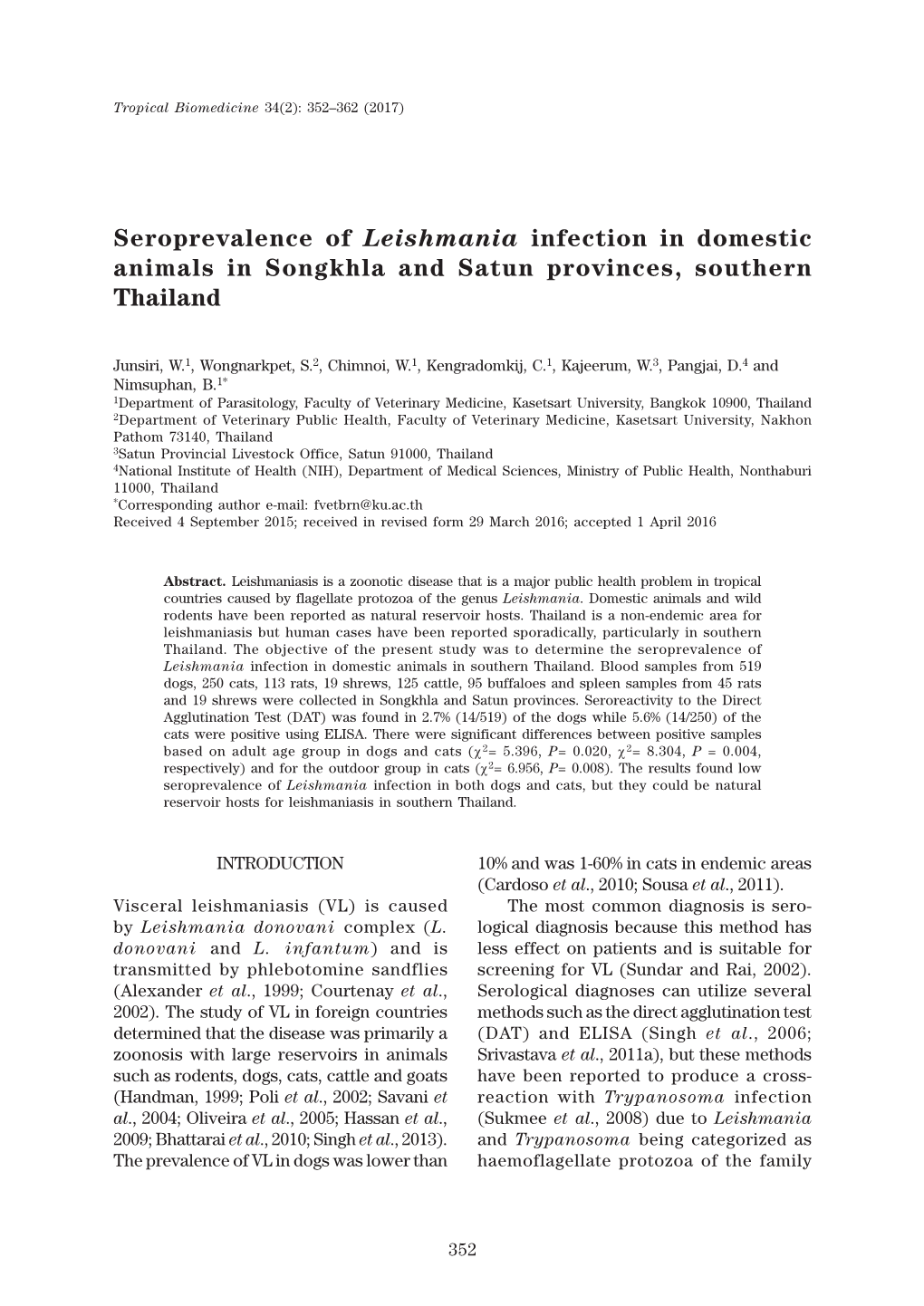 Seroprevalence of Leishmania Infection in Domestic Animals in Songkhla and Satun Provinces, Southern Thailand