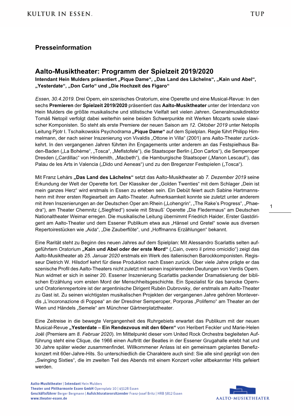 Aalto-Musiktheater: Programm Der Spielzeit 2019/2020