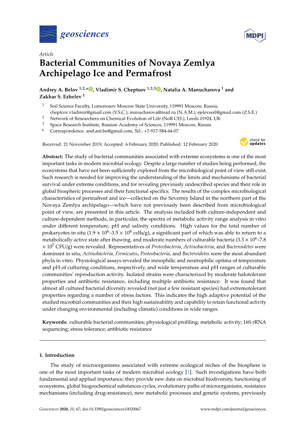 Bacterial Communities of Novaya Zemlya Archipelago Ice and Permafrost