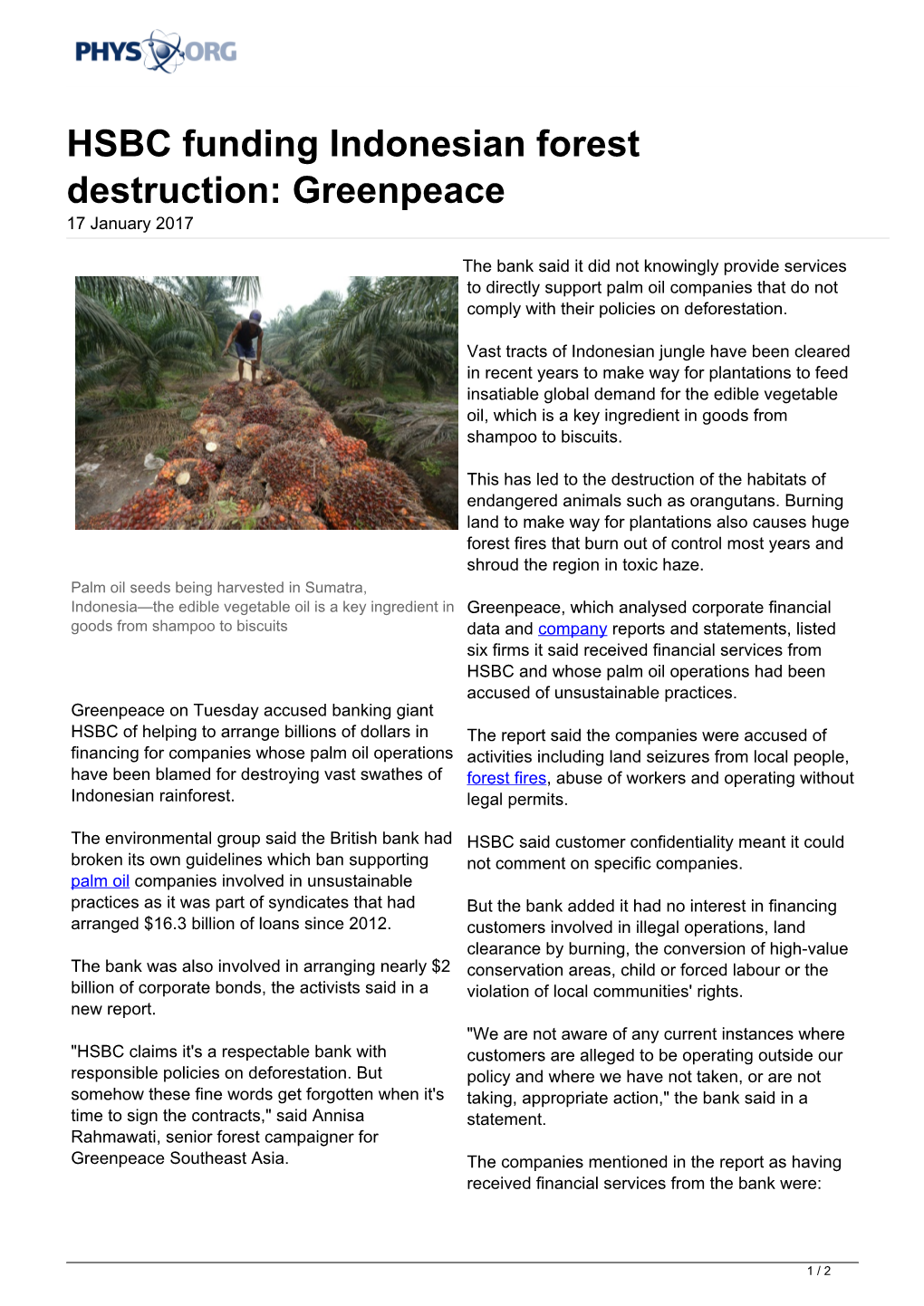 HSBC Funding Indonesian Forest Destruction: Greenpeace 17 January 2017