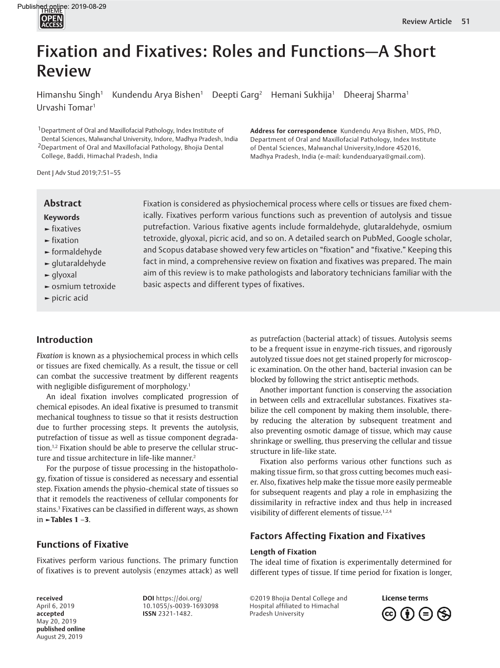 Fixation and Fixatives: Roles and Functions—A Short Review