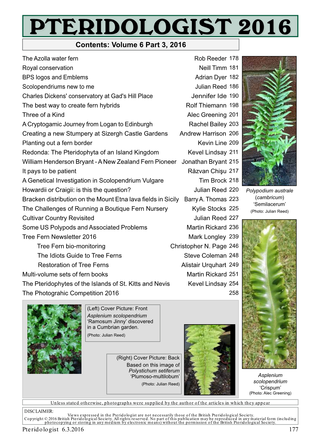 PTERIDOLOGIST 2016 Contents: Volume 6 Part 3, 2016