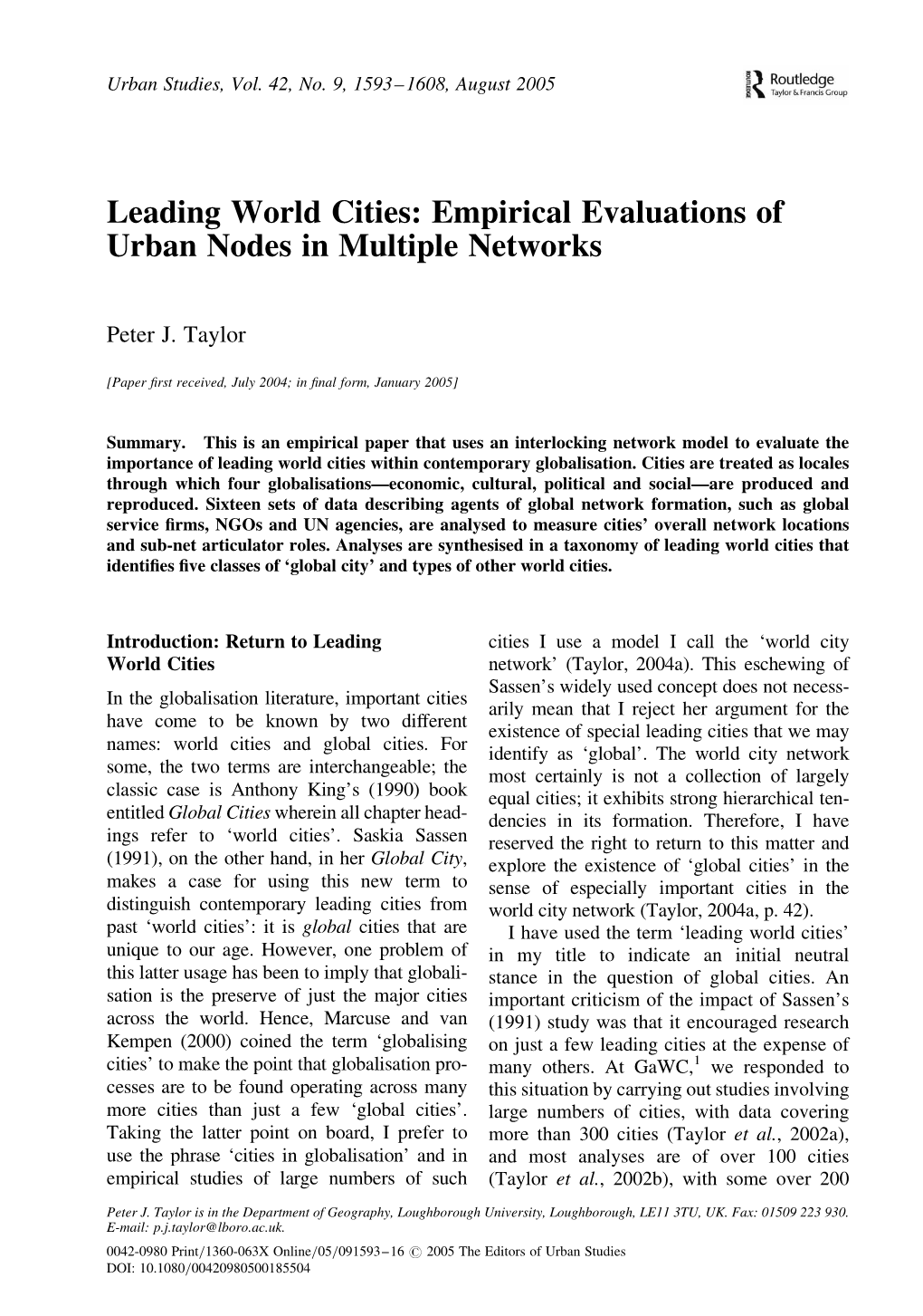 Leading World Cities: Empirical Evaluations of Urban Nodes in Multiple Networks