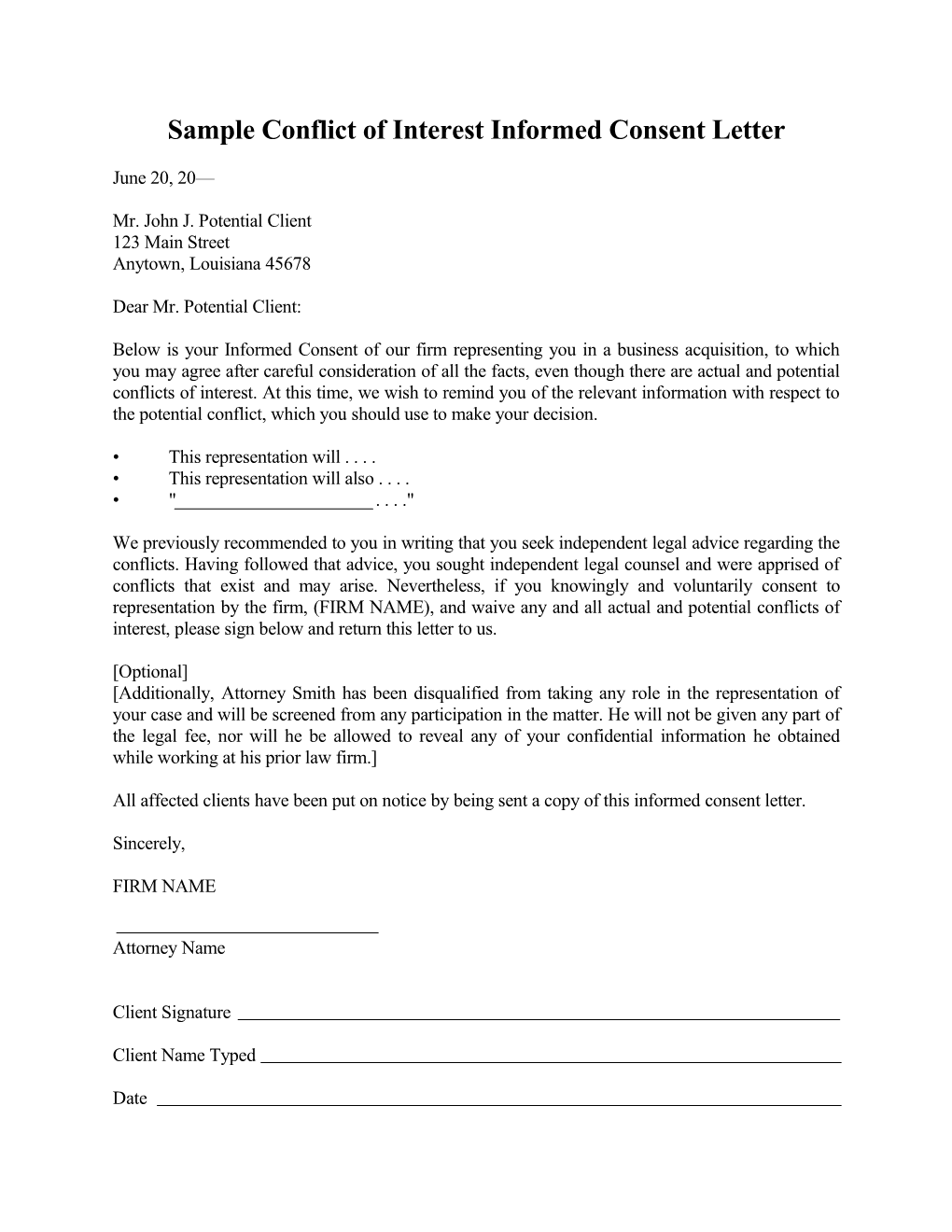 Sample Conflict Of Interest Informed Consent Letter