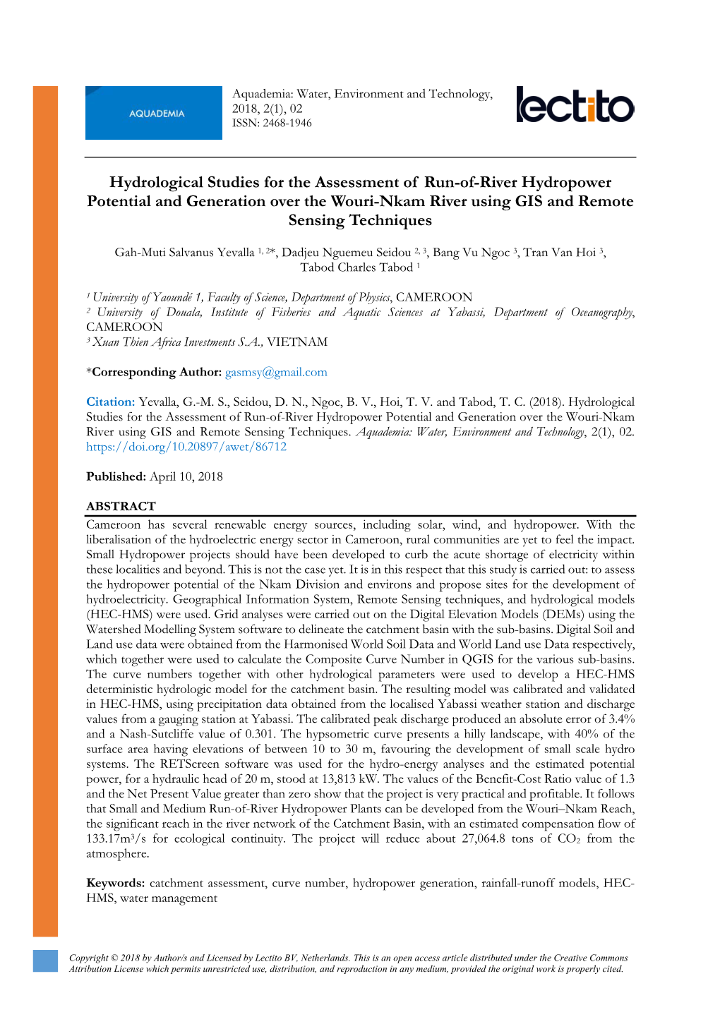 Hydrological Studies for the Assessment of Run-Of-River Hydropower Potential and Generation Over the Wouri-Nkam River Using GIS and Remote Sensing Techniques