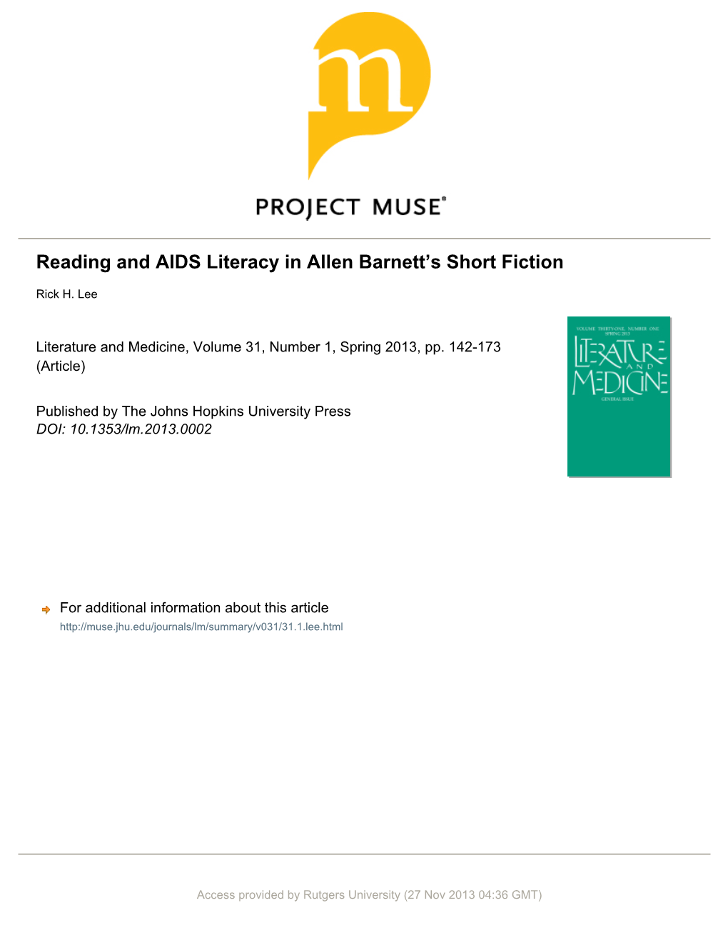 Reading and AIDS Literacy in Allen Barnett's Short Fiction