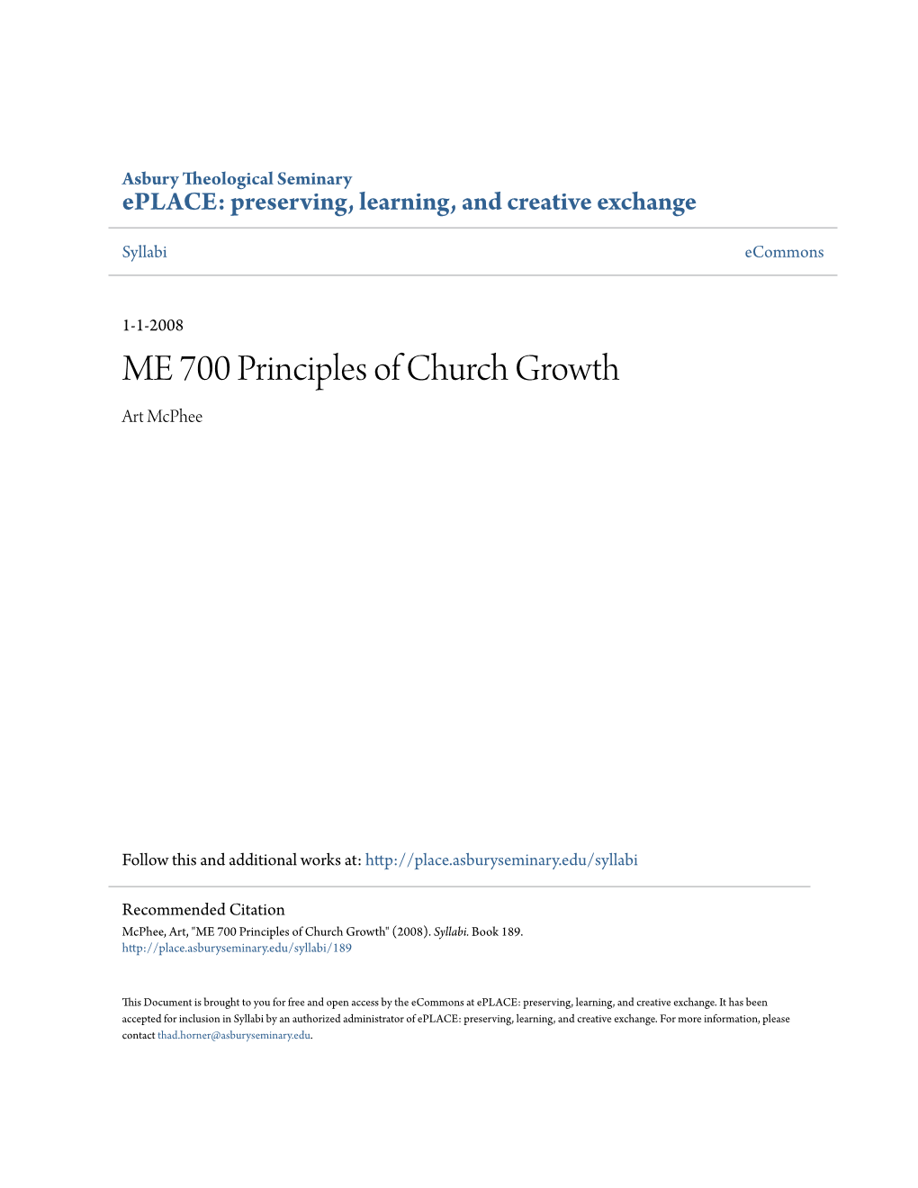 ME 700 Principles of Church Growth Art Mcphee