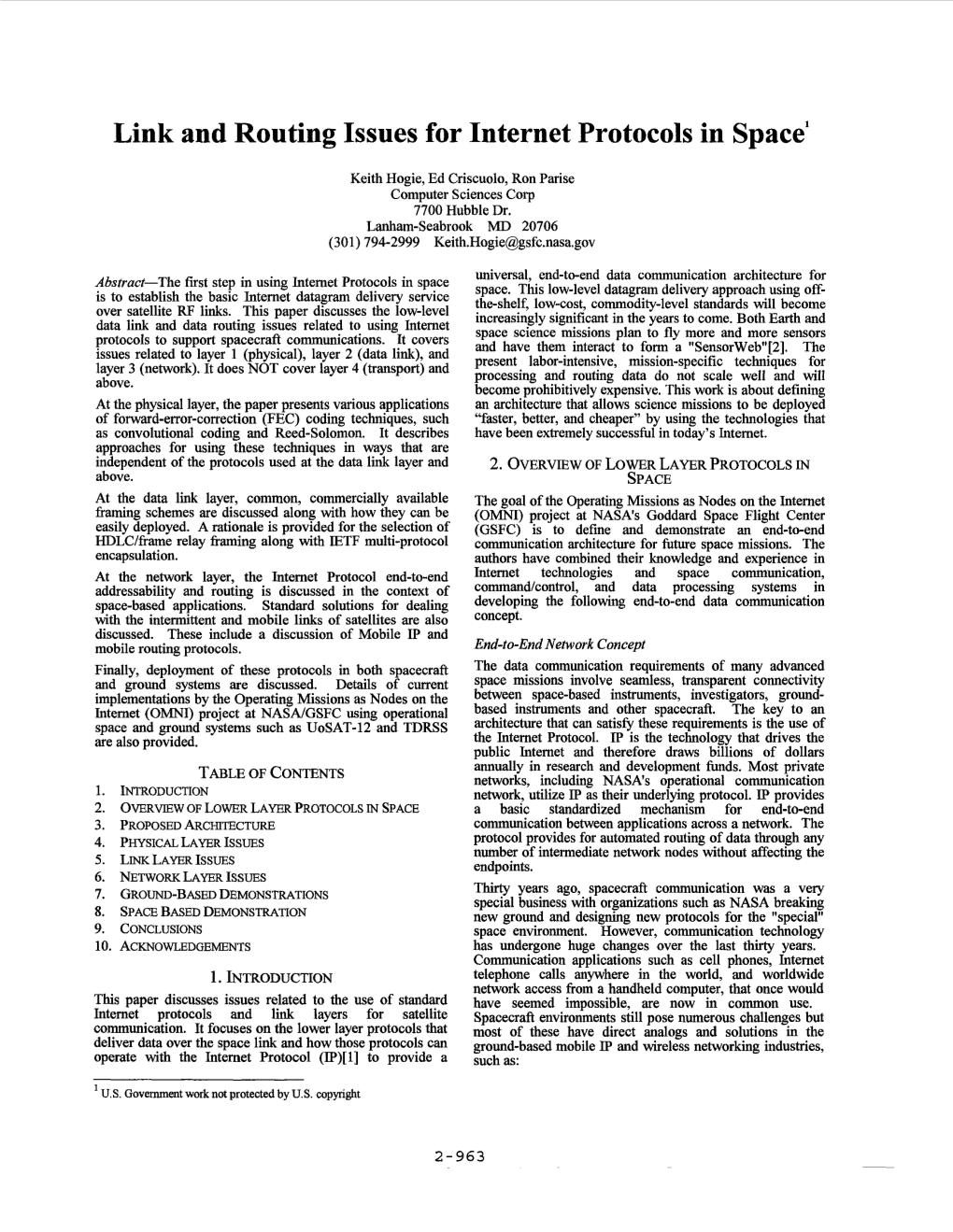 Link and Routing Issues for Internet Protocols in Space'