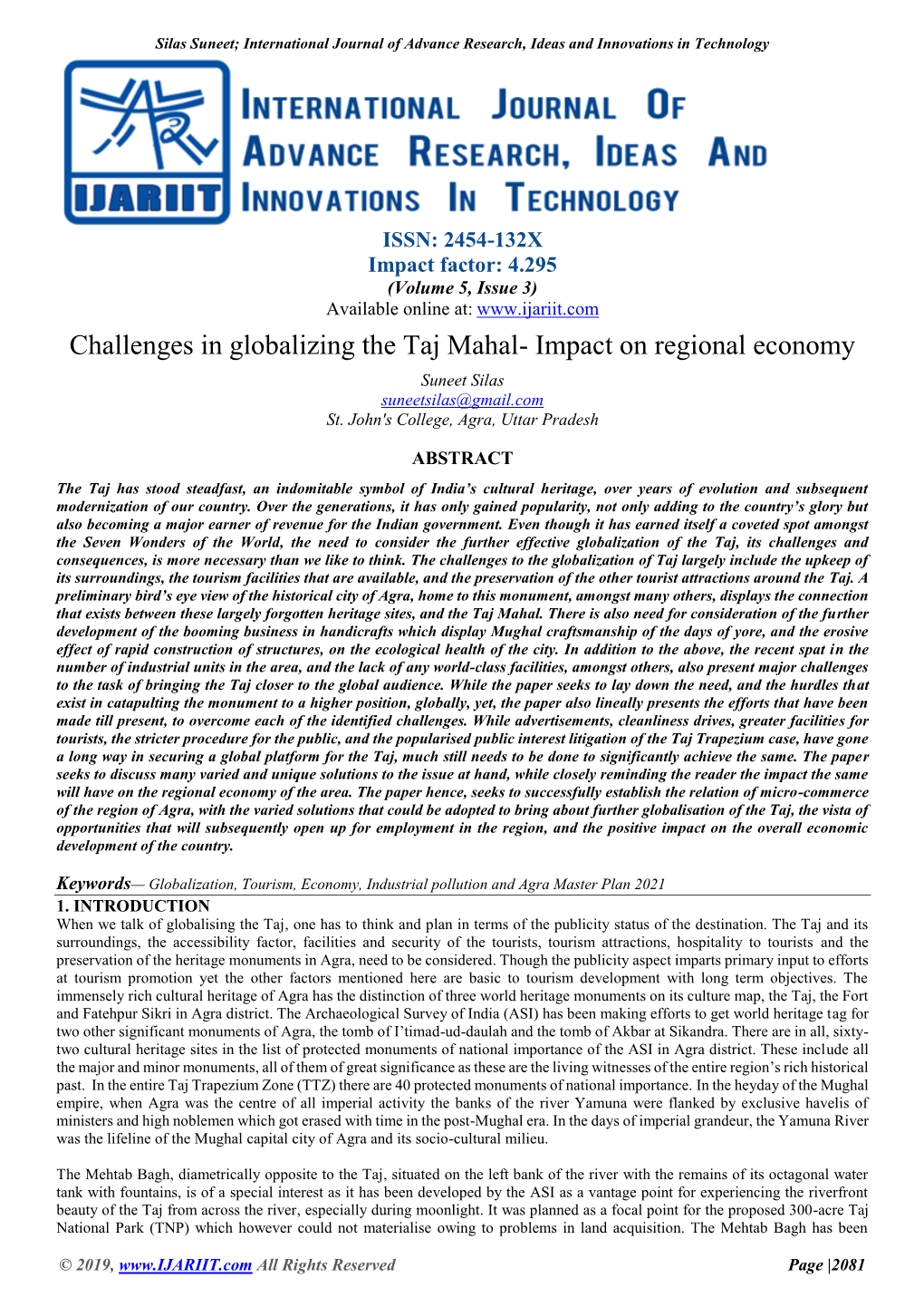 Challenges in Globalizing the Taj Mahal- Impact on Regional Economy Suneet Silas Suneetsilas@Gmail.Com St
