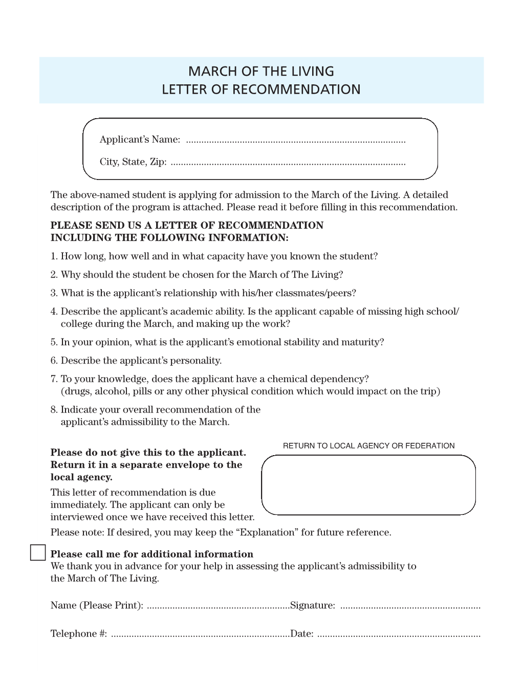 March of the Living Letter of Recommendation