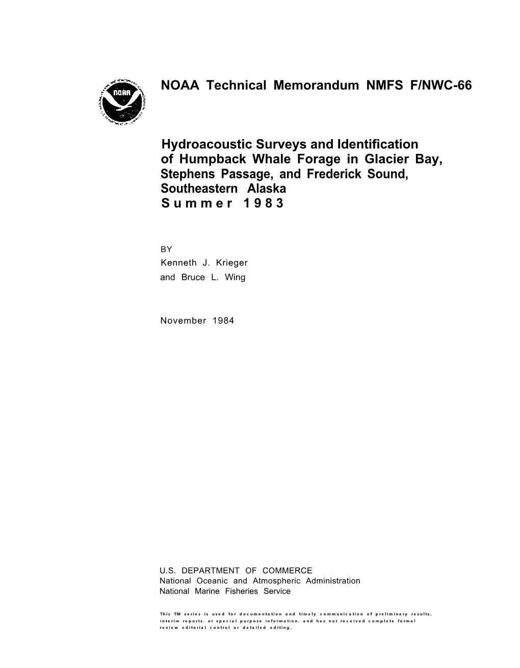 Hydroacoustic Surveys and Identification of Humpback Whale Forage in Glacier Bay, Stephens Passage, and Frederick Sound, Southeastern Alaska Summer 1983