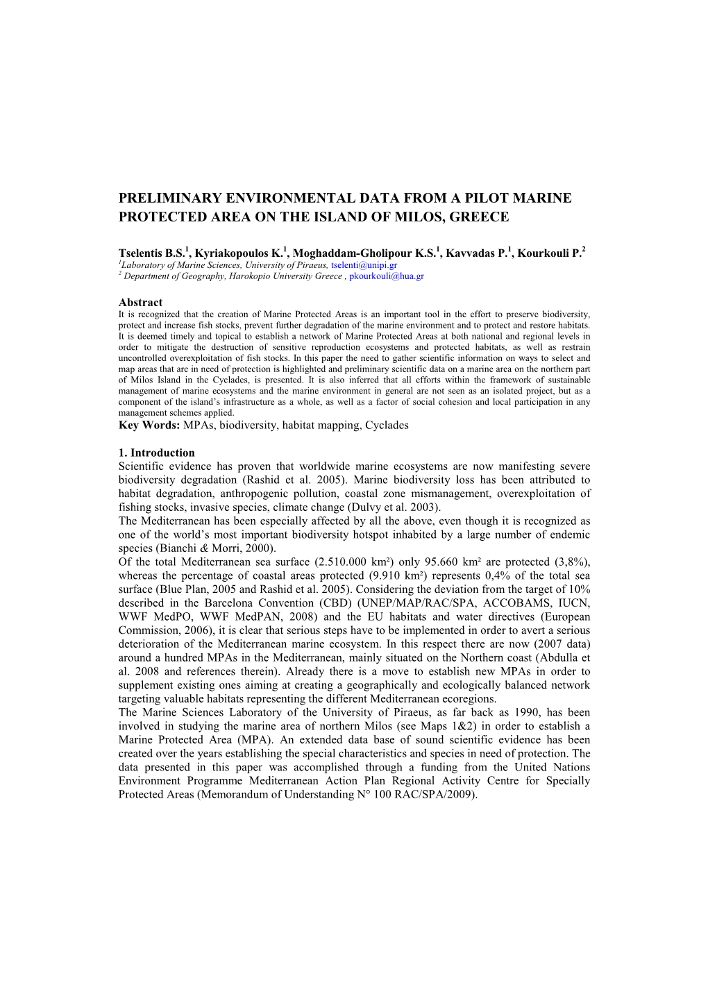 Preliminary Environmental Data from a Pilot Marine Protected Area on the Island of Milos, Greece