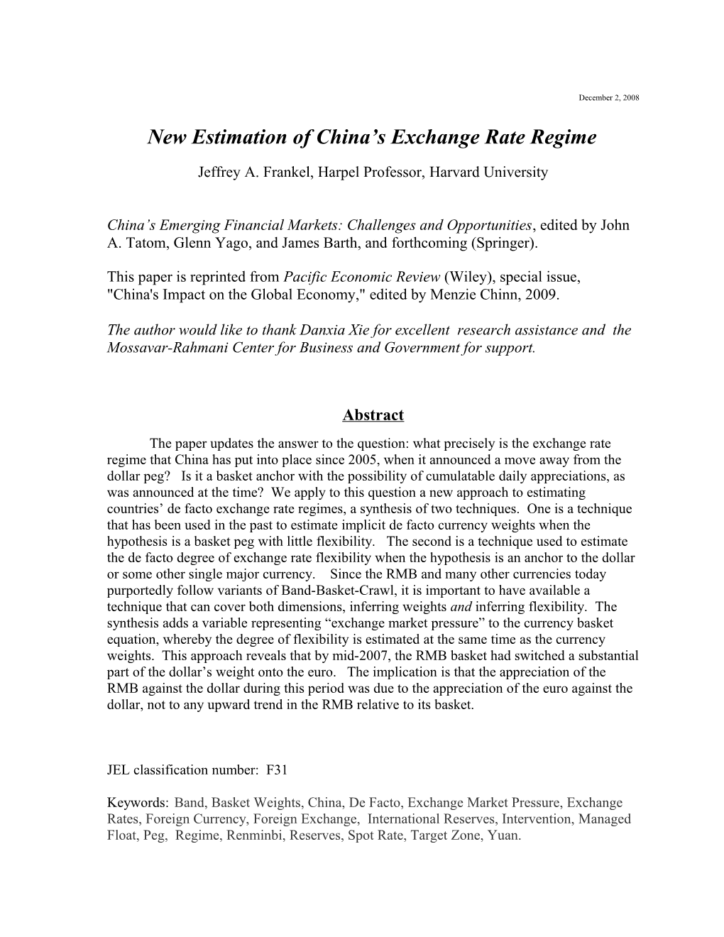 New Estimation of China S Exchange Rate Regime