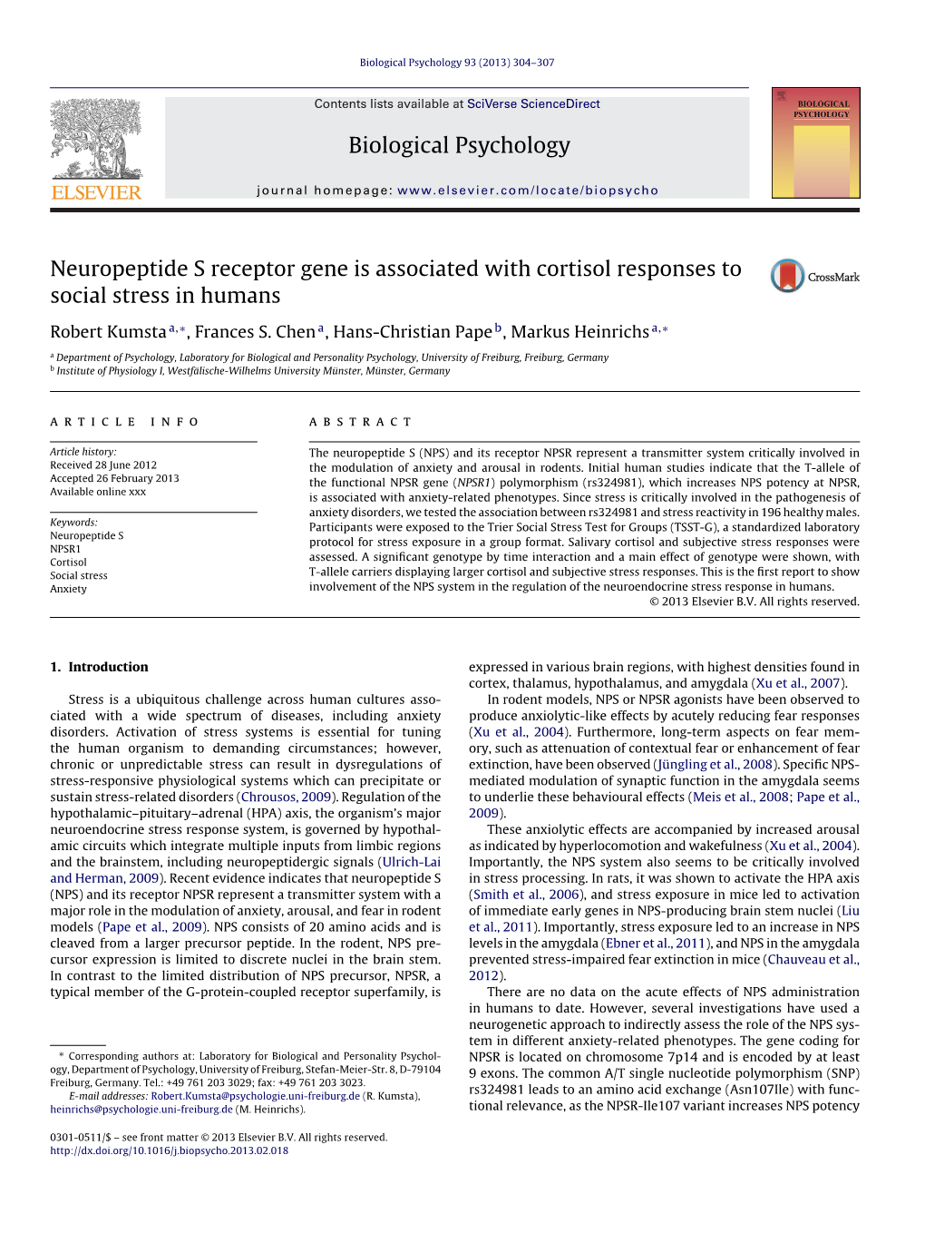 Neuropeptide S Receptor Gene Is Associated with Cortisol Responses To