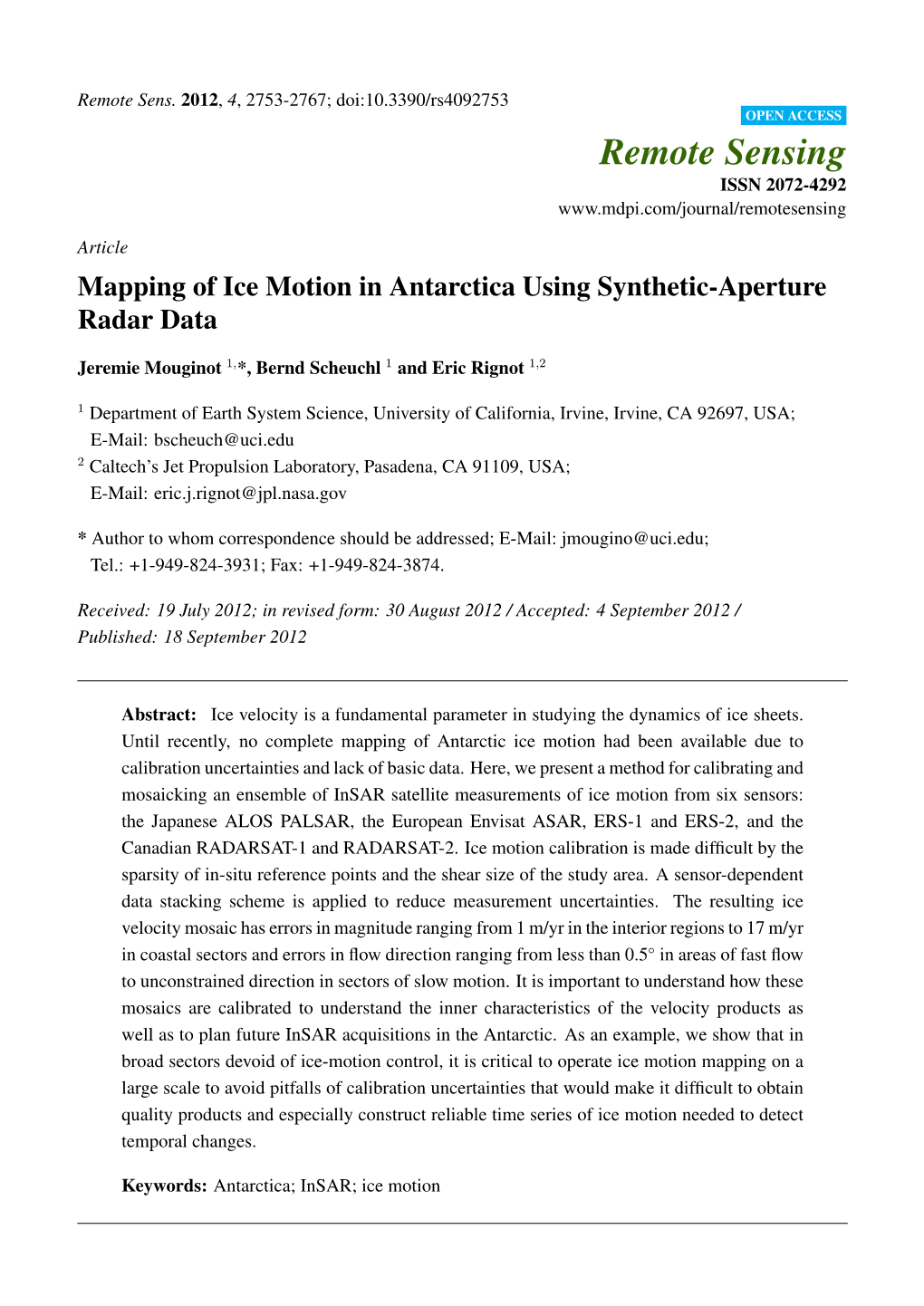 Mapping of Ice Motion in Antarctica Using Synthetic-Aperture Radar Data