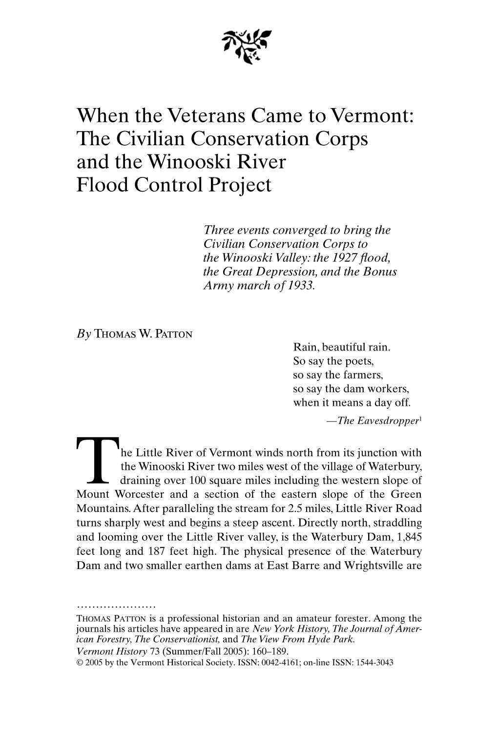 When the Veterans Came to Vermont: the Civilian Conservation Corps and the Winooski River Flood Control Project