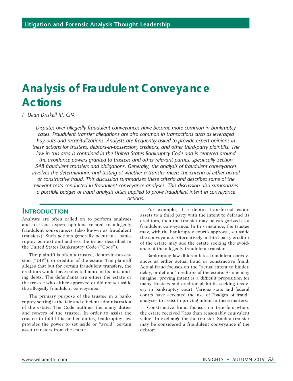 Analysis of Fraudulent Conveyance Actions F