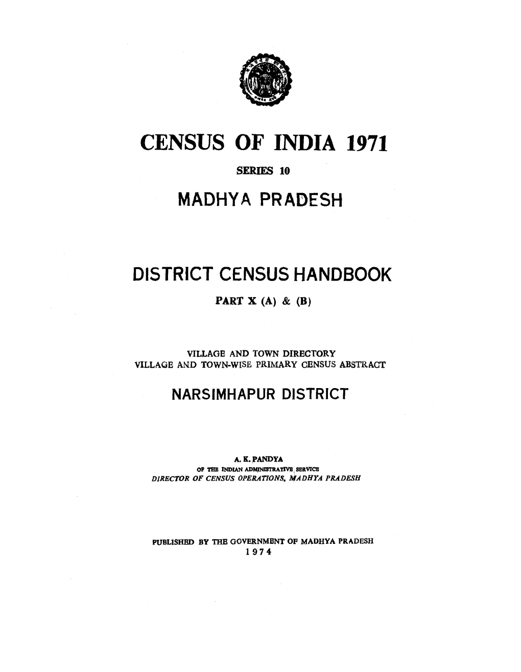 District Census Handbook, Narsimhapur, Part X (A) & X(B