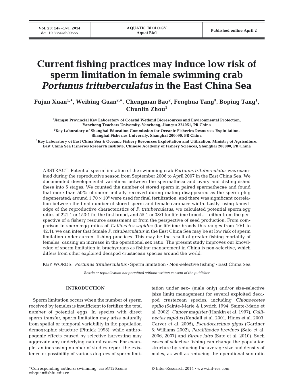 Current Fishing Practices May Induce Low Risk of Sperm Limitation in Female Swimming Crab Portunus Trituberculatus in the East China Sea